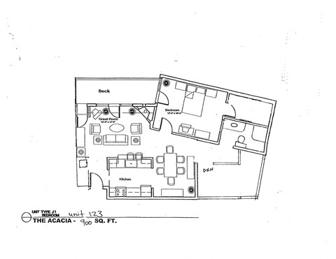 A floor plan of a unit labeled "THE AGACIA" with a deck and a kitchen.